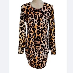 Bebe Mob Wife Vibes mini dress long sleeve bodycon leopard print XXS Lined